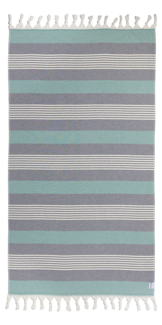 Breeze Striped Organic Turkish Towel with Soft Terry Cloth Back in Navy and Aqua