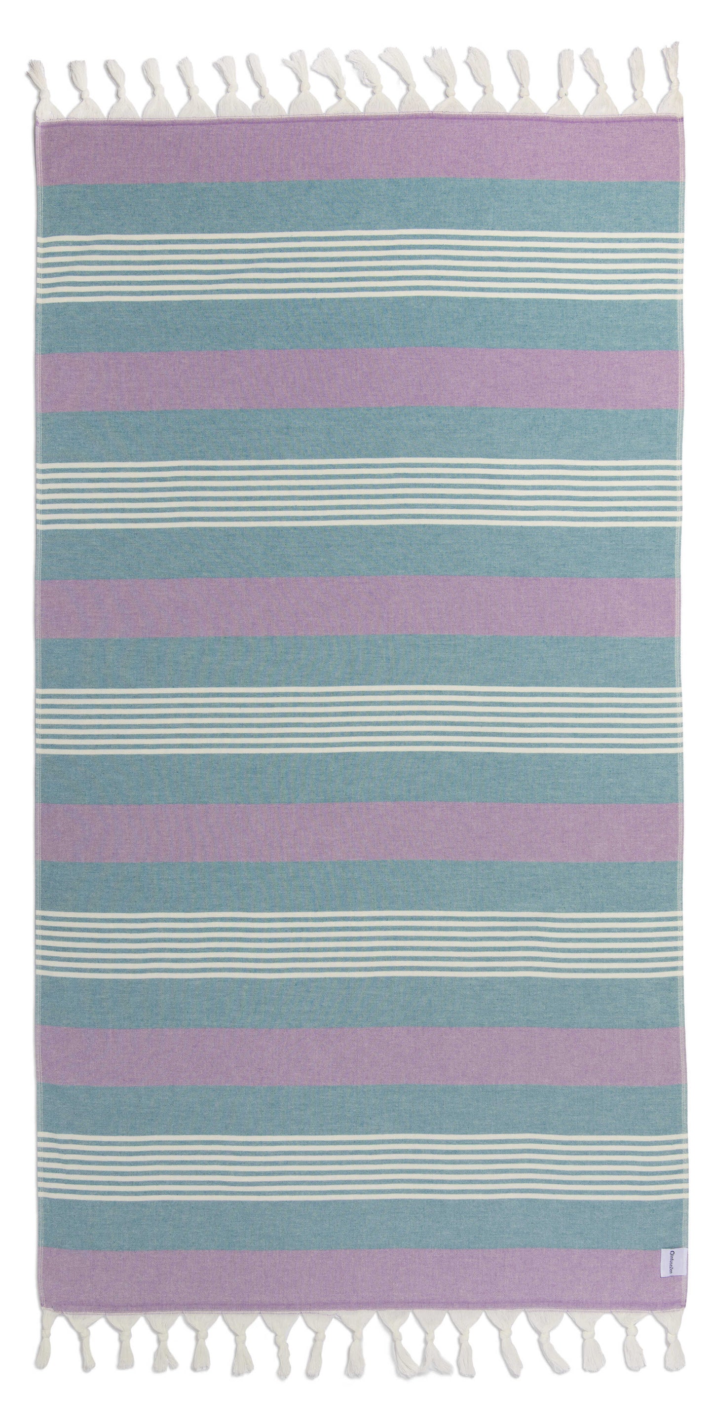 Striped towel with purple and blue horizontal stripes on a white background