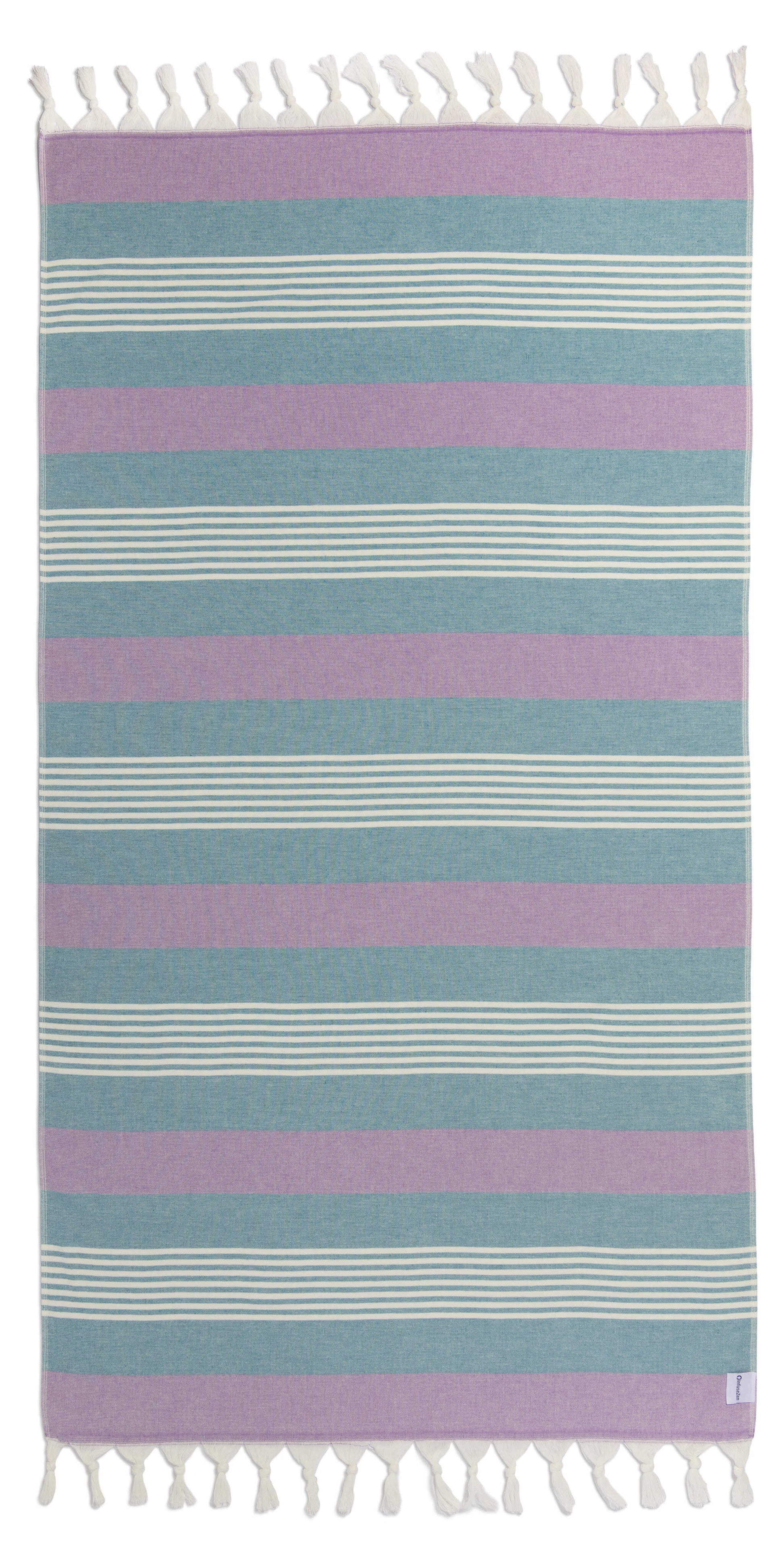 Striped towel with purple and blue horizontal stripes on a white background