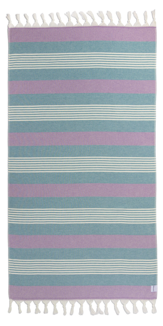 Breeze Striped Organic Turkish Towel with Soft Terry Cloth Back in Turquoise and Purple