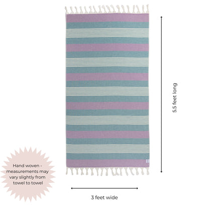 Striped towel with dimensions on a white background