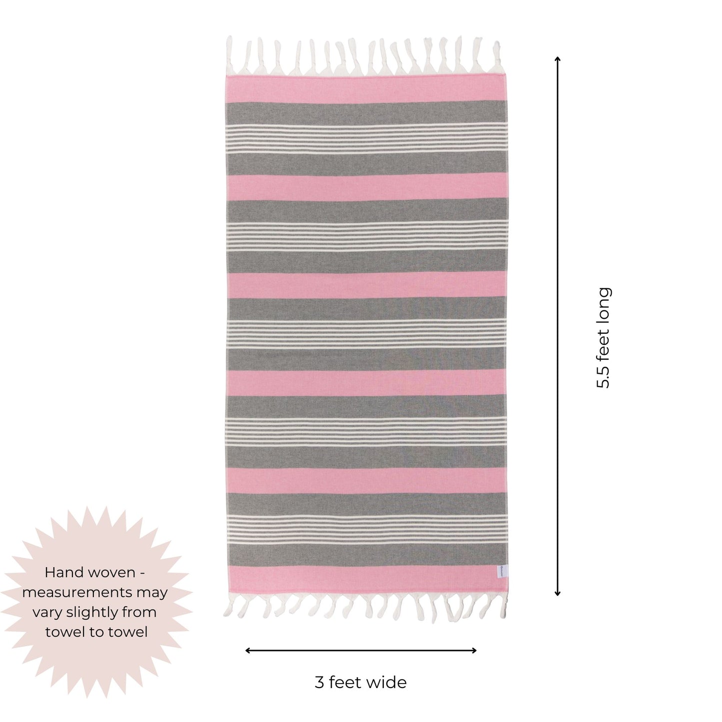 Striped pink and gray towel with measurements on a white background
