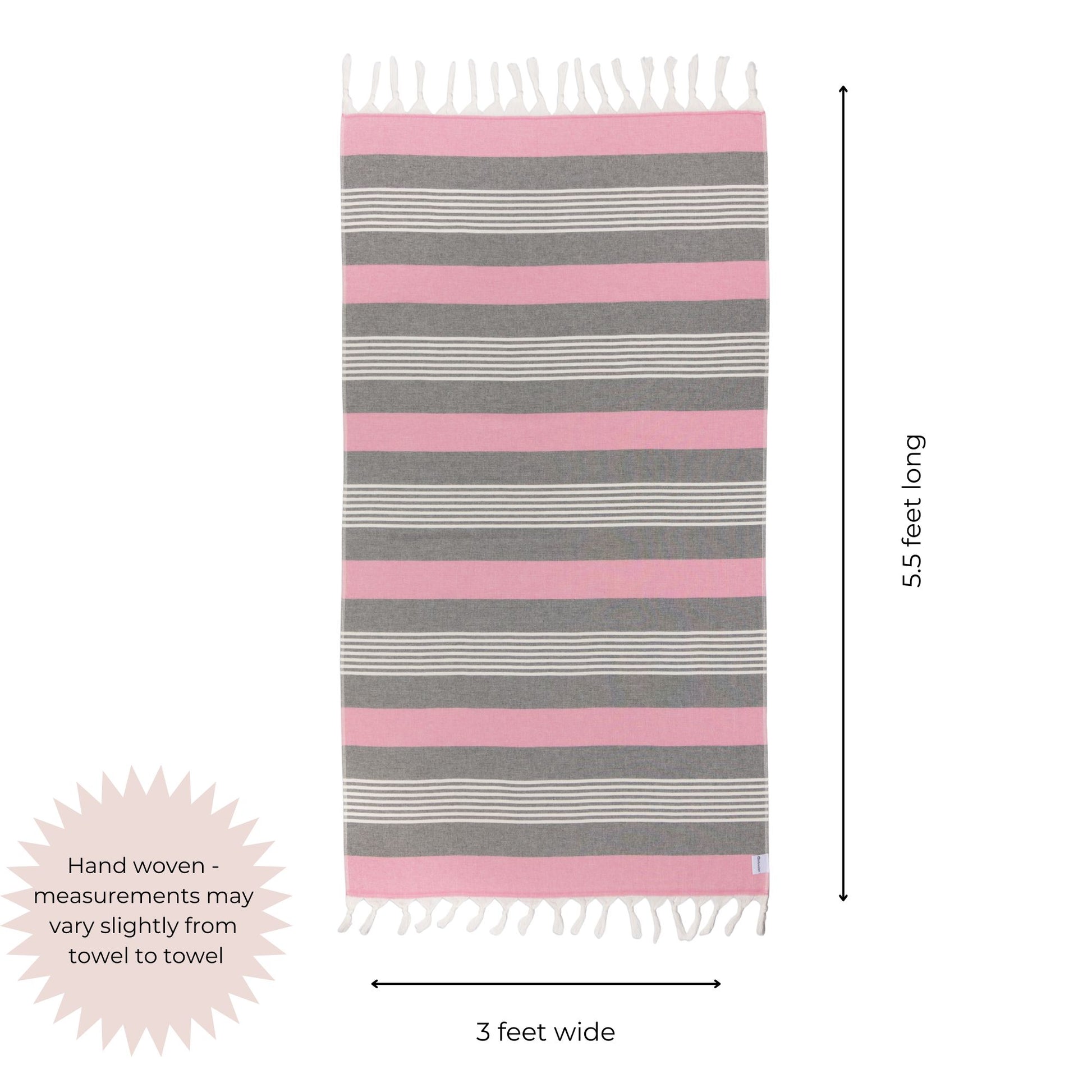 Striped pink and gray towel with measurements on a white background