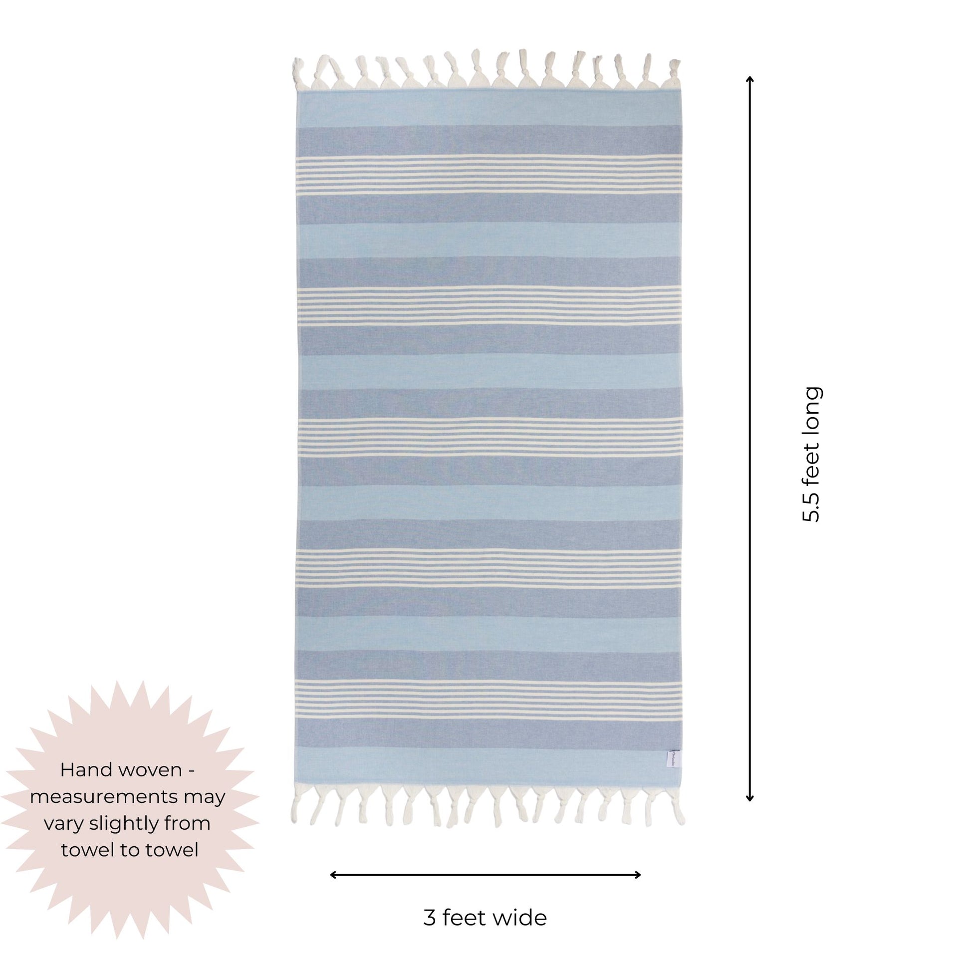Blue and white striped towel with tassels on a white background, showing dimensions.