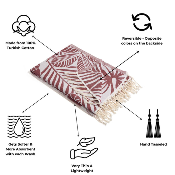 Hawaiian Flower Print Reversible Turkish Towel Made From 100% Cotton in Burgundy