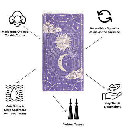 Purple towel with celestial design, features listed on a white background