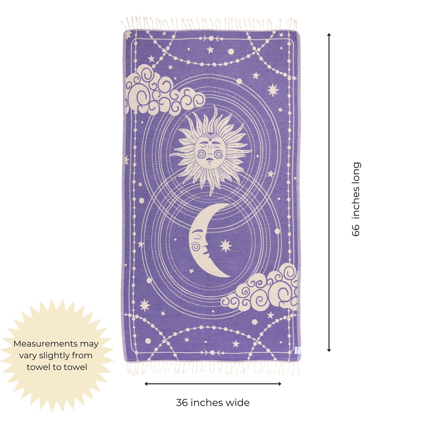 Purple towel with celestial design and measurements on a white background