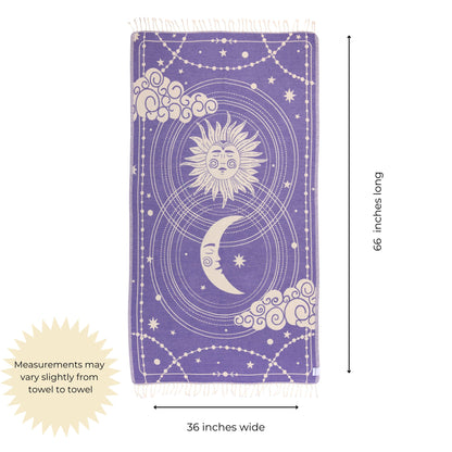 Purple towel with celestial design and measurements on a white background
