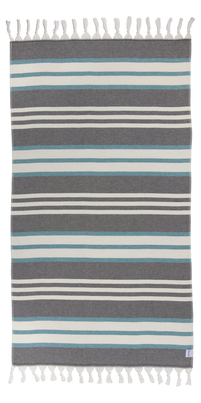 Cove Striped Turkish Towel with Soft Terry Cloth Back in Black & Turquoise