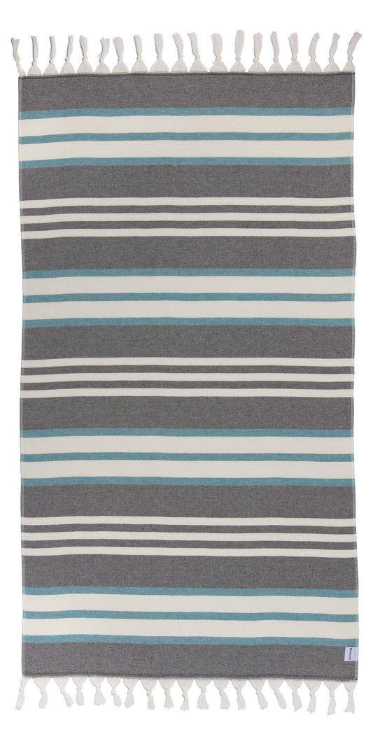 Cove Striped Turkish Towel with Soft Terry Cloth Back in Black & Turquoise