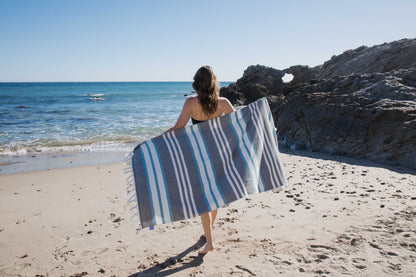 Cove Striped Turkish Towel with Soft Terry Cloth Back in Black & Turquoise