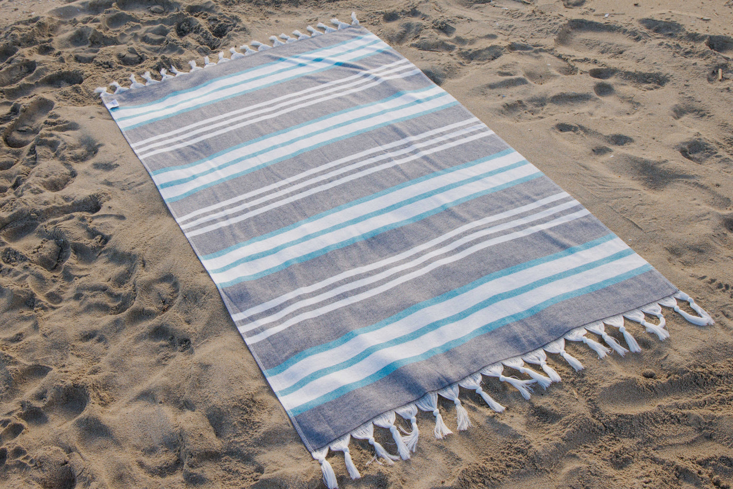 Cove Striped Turkish Towel with Soft Terry Cloth Back in Black & Turquoise