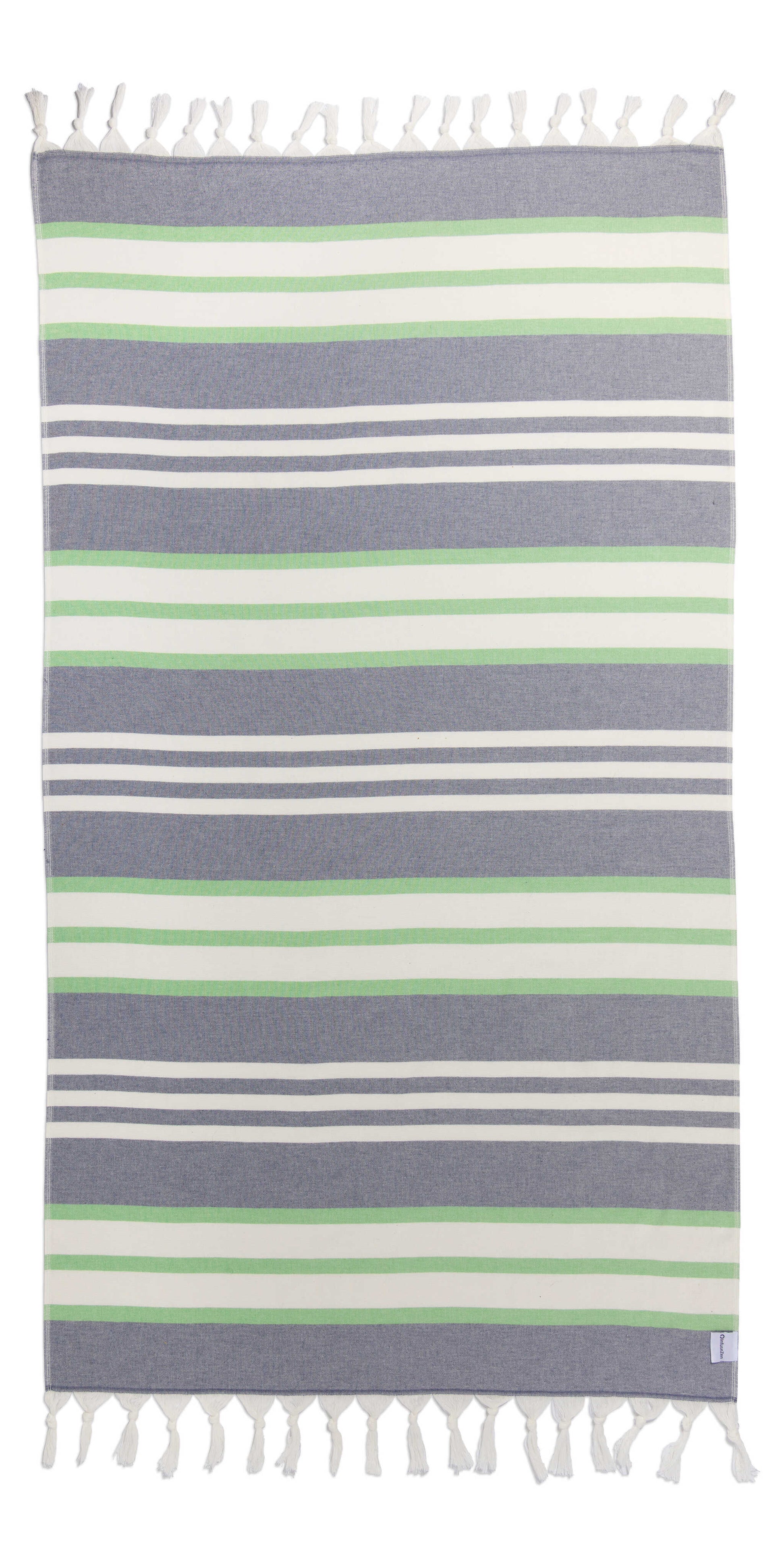 Striped towel with green, white, and blue stripes on a white background