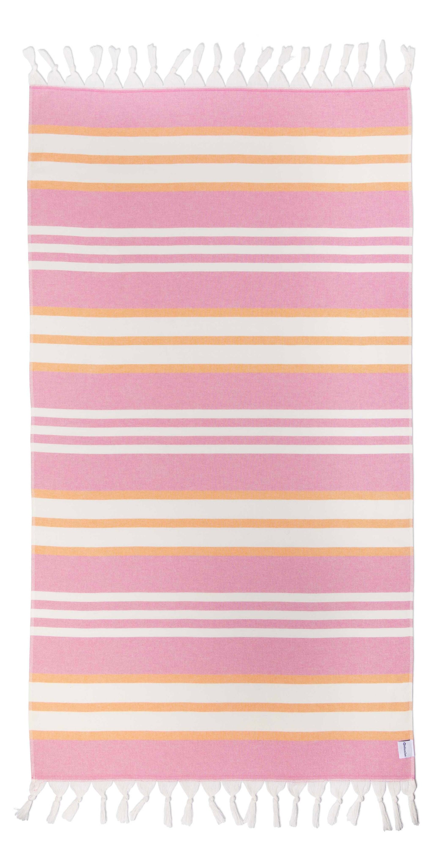 a pink and orange striped towel on a white background