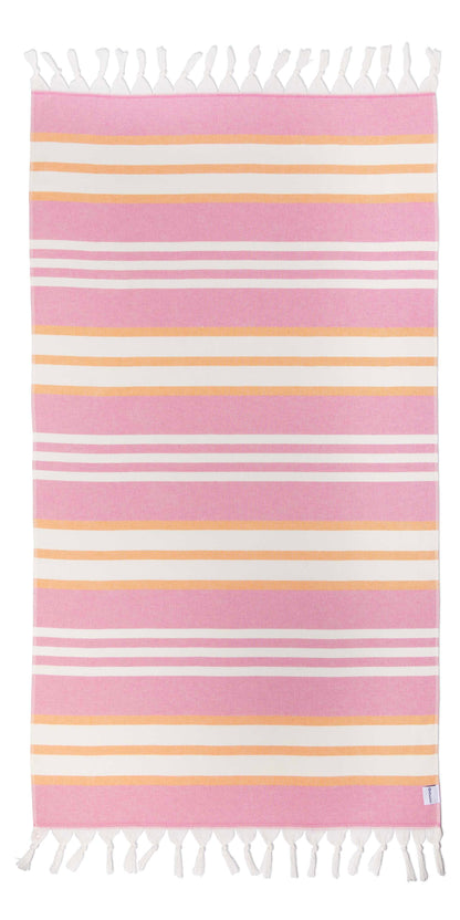 a pink and orange striped towel on a white background