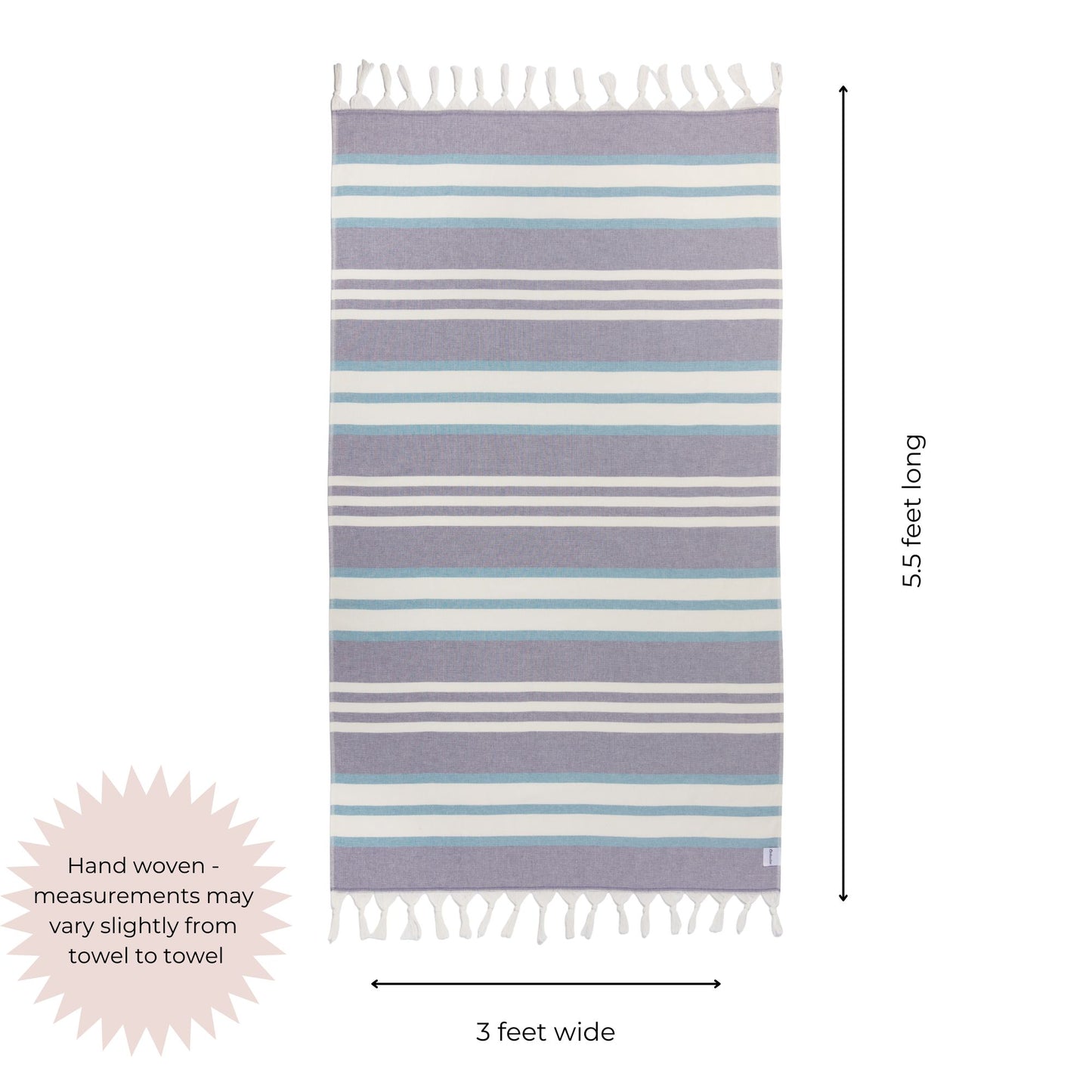 purple and blue striped towel with dimensions indicated