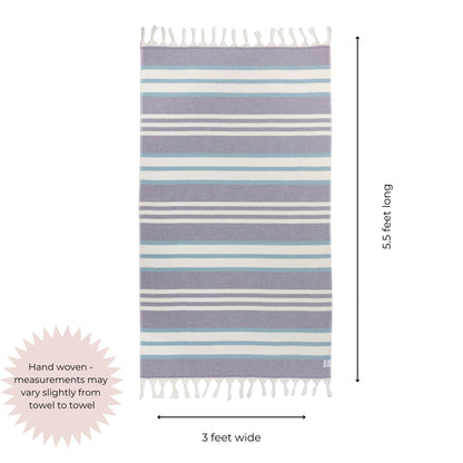 purple and blue striped towel with dimensions indicated