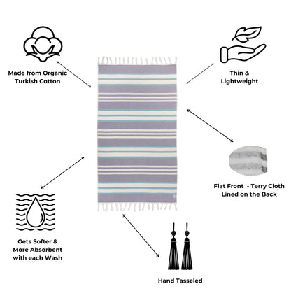 Striped towel with organic cotton and tassel features on a white background