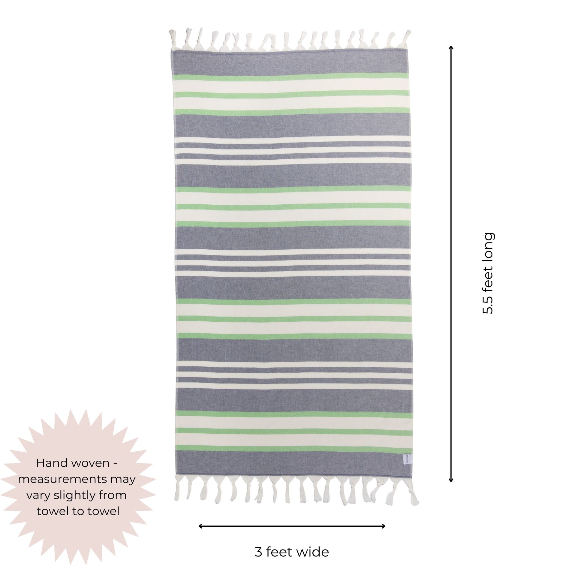 Striped towel with green and white stripes on a white background, dimensions indicated.