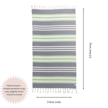 Striped towel with green and white stripes on a white background, dimensions indicated.