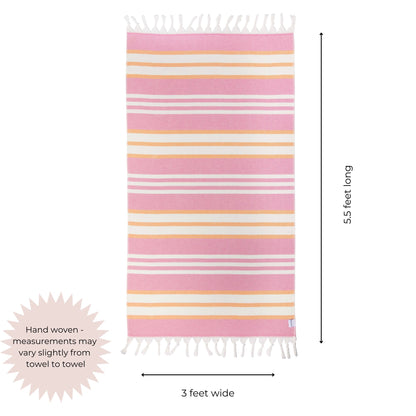 Striped towel with pink, orange, and white colors on a white background