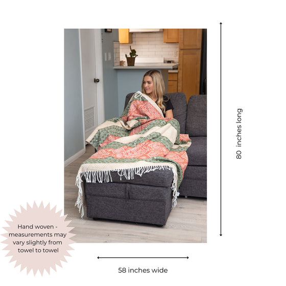 Cozy Turkish Throw Blanket in Coral, Olive Green & Peachy Beige