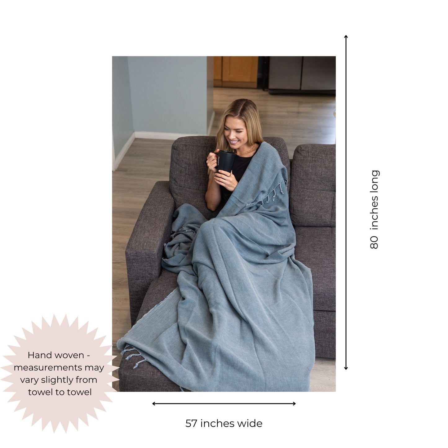 Stonewashed Organic Small Turkish Throw Blanket in Denim Blue/Grey