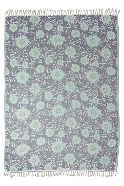 Flower Pop Organic Cotton Medium Weight Throw Blanket in Navy & Mint