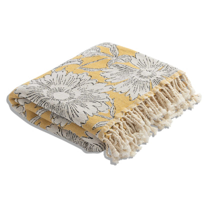 Garden Flower Organic Cotton Medium Weight Throw Blanket in Mustard