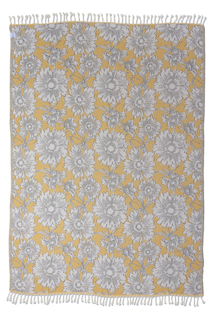 Garden Flower Organic Cotton Medium Weight Throw Blanket in Mustard