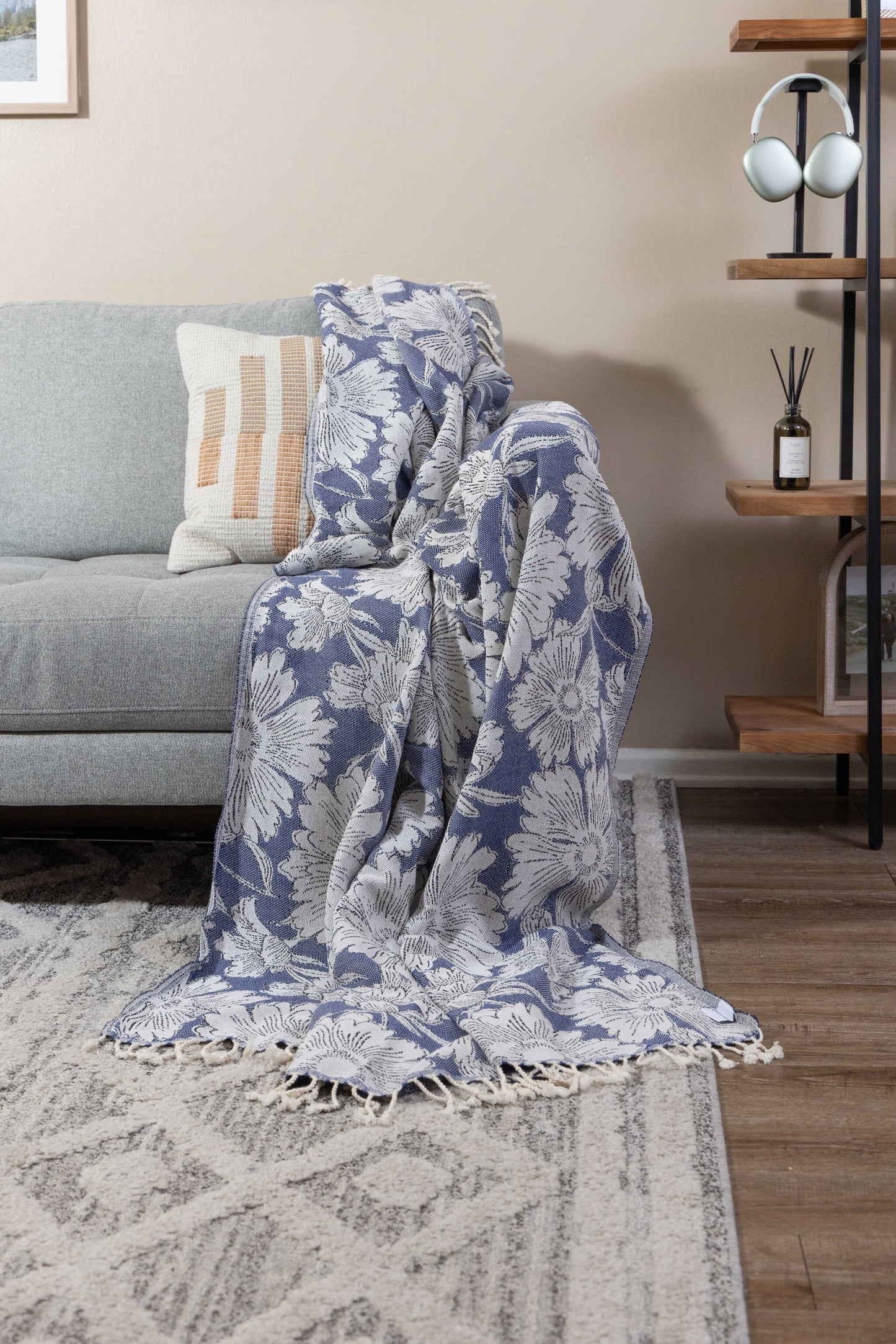Garden Flower Organic Cotton Medium Weight Throw Blanket in Navy
