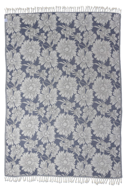 Garden Flower Organic Cotton Medium Weight Throw Blanket in Navy
