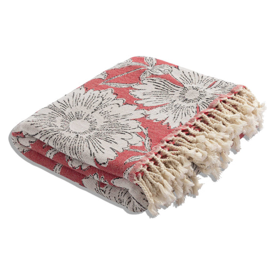 Garden Flower Organic Cotton Medium Weight Throw Blanket in Red
