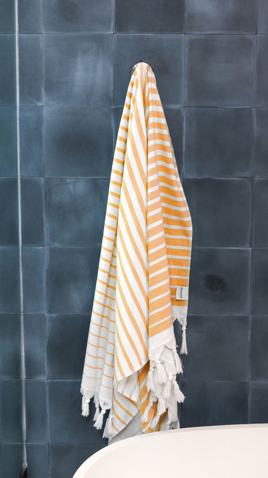 Gradient Striped Organic Turkish Towel with Soft Terry Cloth Back in Orange