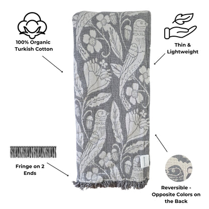 Bird and Botanicals Reversible Muslin Blanket in Charcoal and Grey