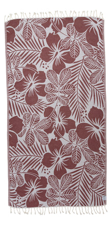  Hawaiian Flower Print Reversible Turkish Towel Made From 100% Cotton in Burgundy
