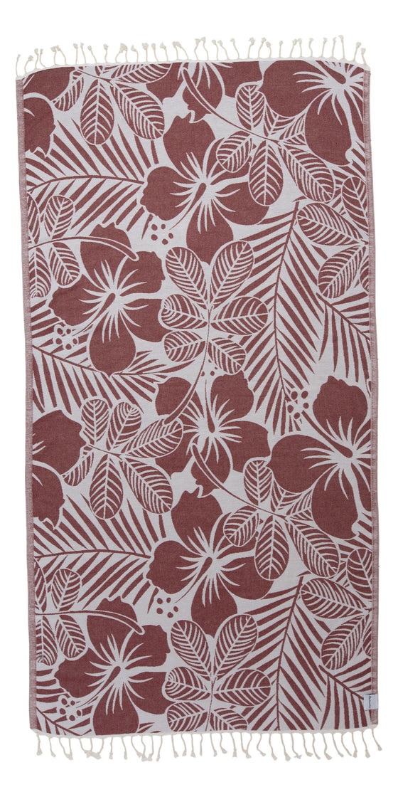 Hawaiian Flower Print Reversible Turkish Towel Made From 100% Cotton in Burgundy