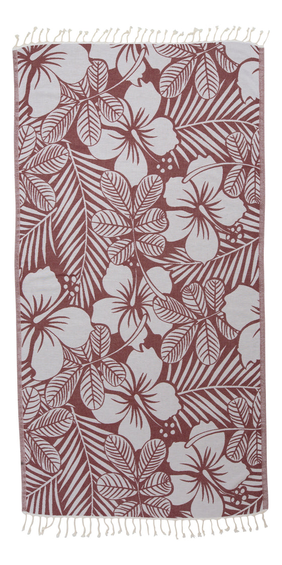 Hawaiian Flower Print Reversible Turkish Towel Made From 100% Cotton in Burgundy