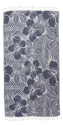  Hawaiian Flower Print Reversible Turkish Towel Made From 100% Cotton in Navy