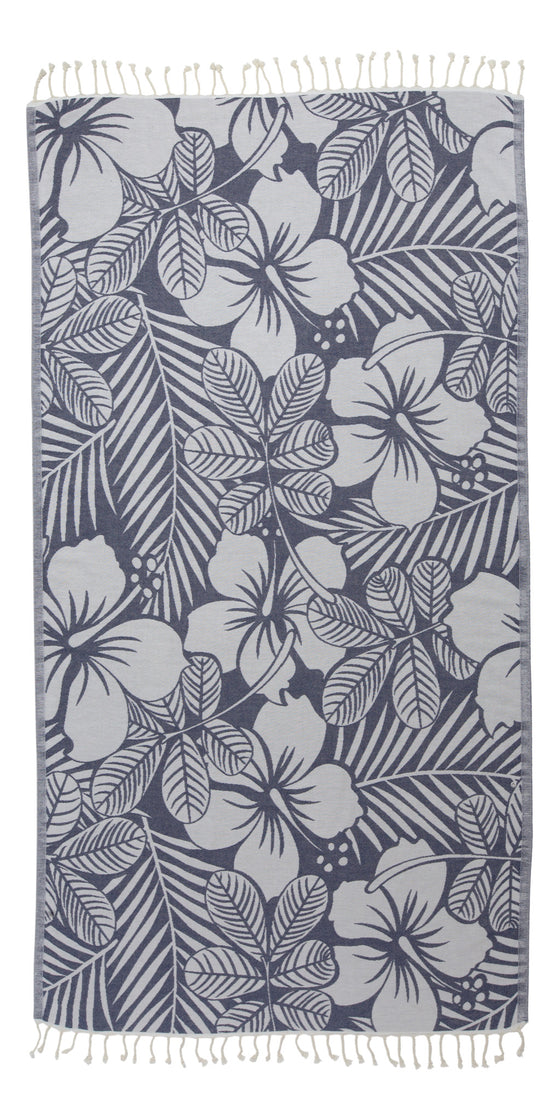 Hawaiian Flower Print Reversible Turkish Towel Made From 100% Cotton in Navy