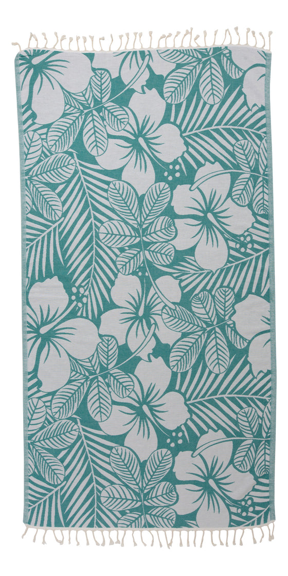 Hawaiian Flower Print Reversible Turkish Towel Made From 100% Cotton in Seagreen