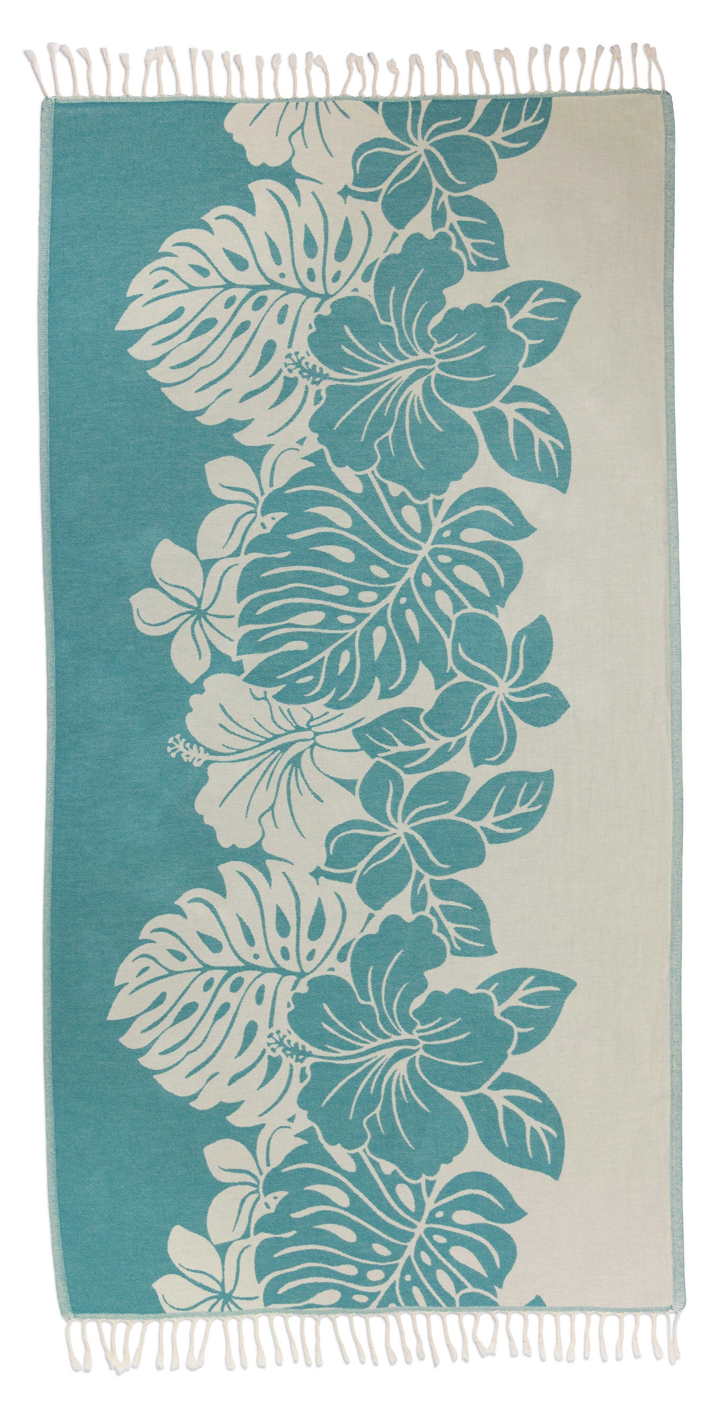 Teal floral towel on white background