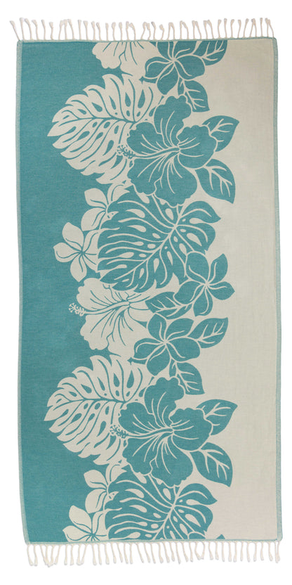 Teal floral towel on white background