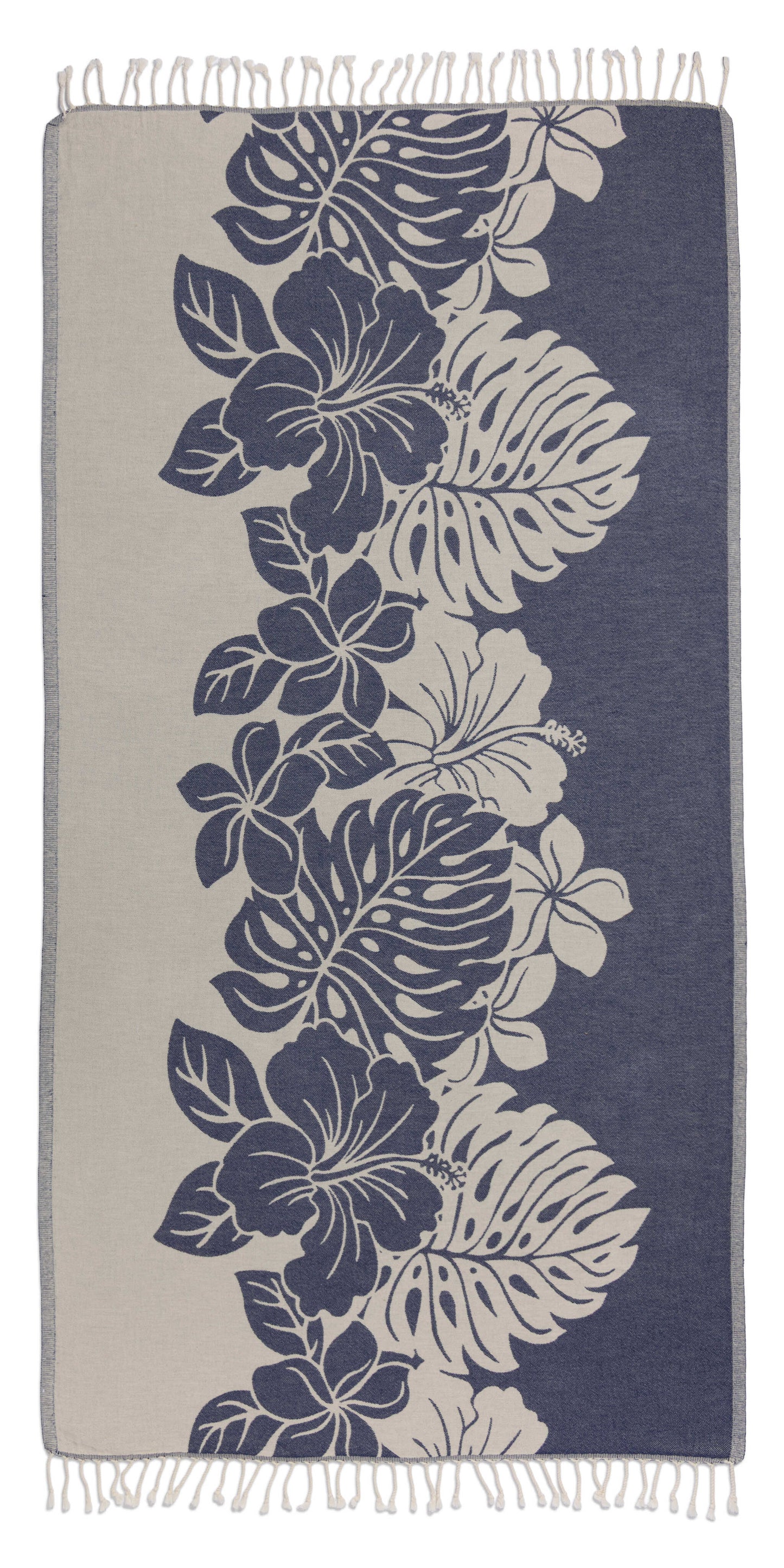 Navy and beige towel with floral pattern