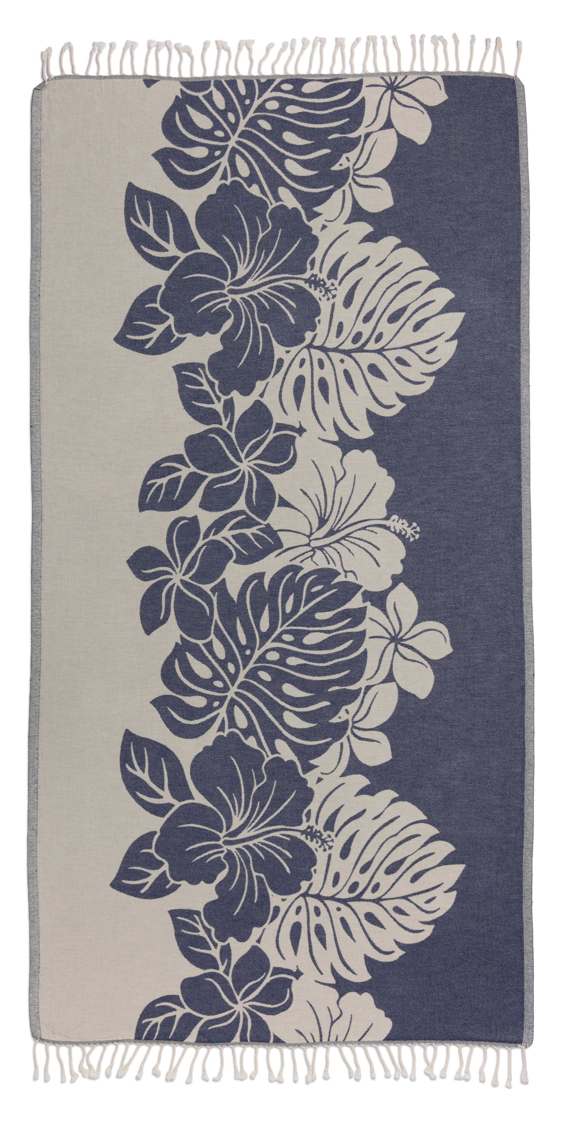 Navy and beige towel with floral pattern