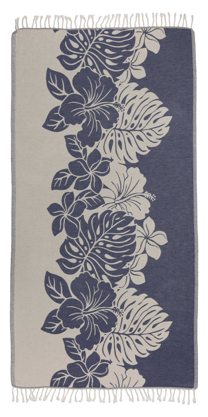 Navy and beige towel with floral pattern