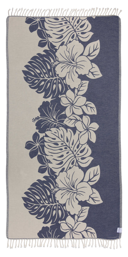 Towel with floral and leaf pattern on a blue background