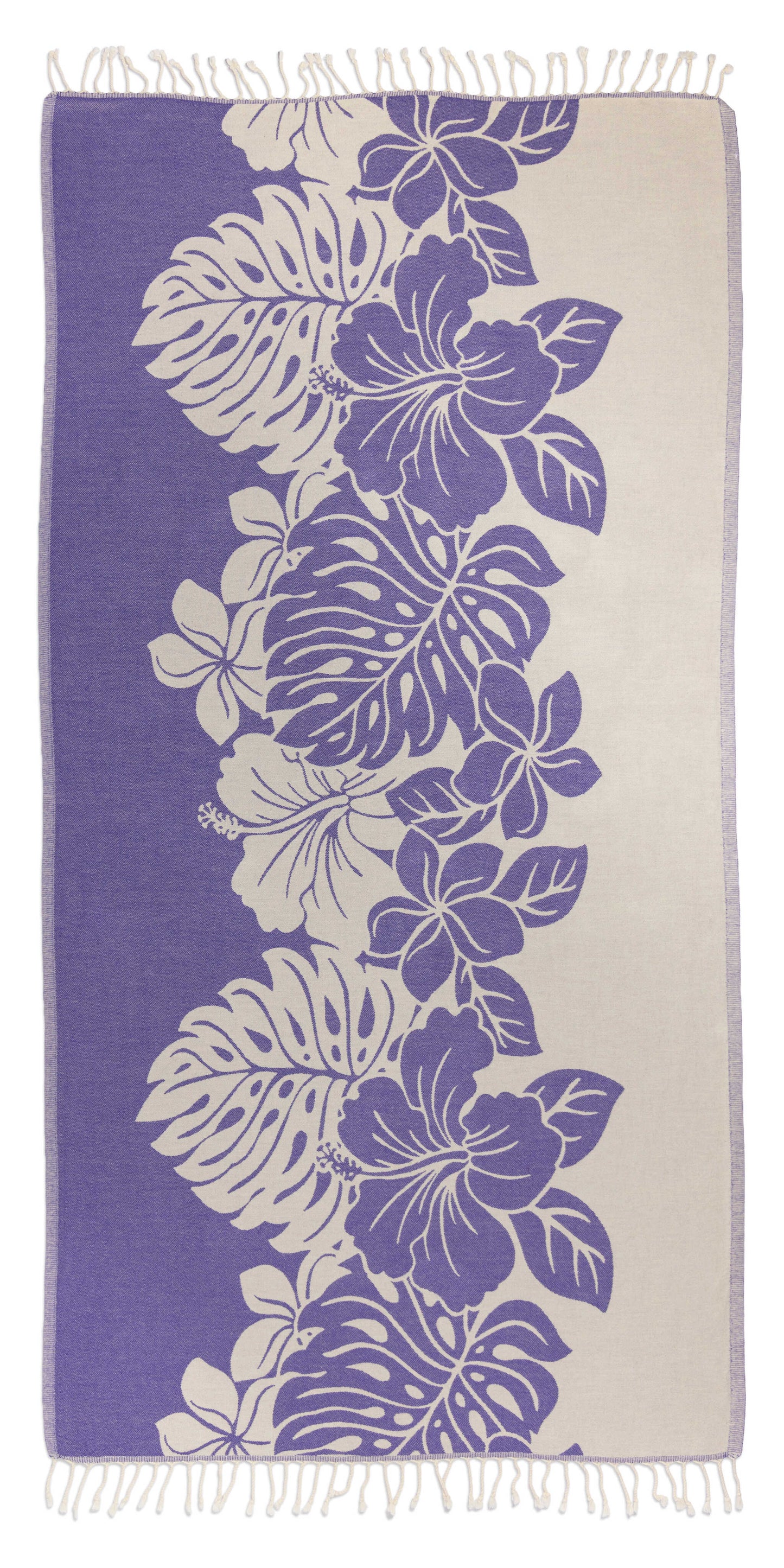 Towel with purple floral and leaf pattern on a white background