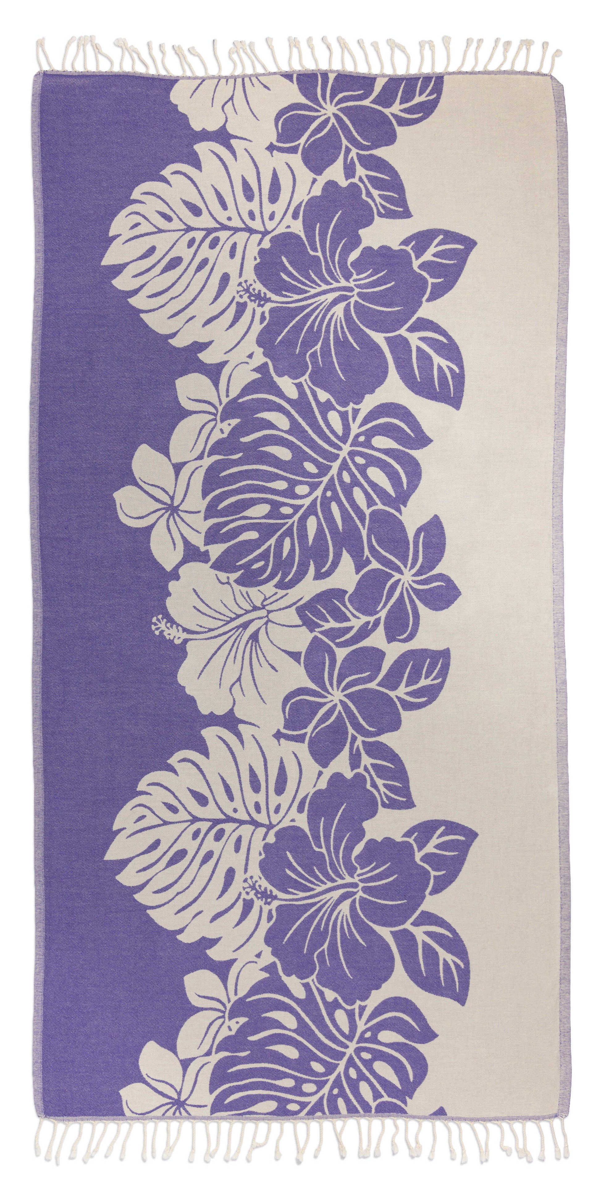 Towel with purple floral and leaf pattern on a white background