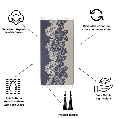 Towel with floral design, features listed on a white background